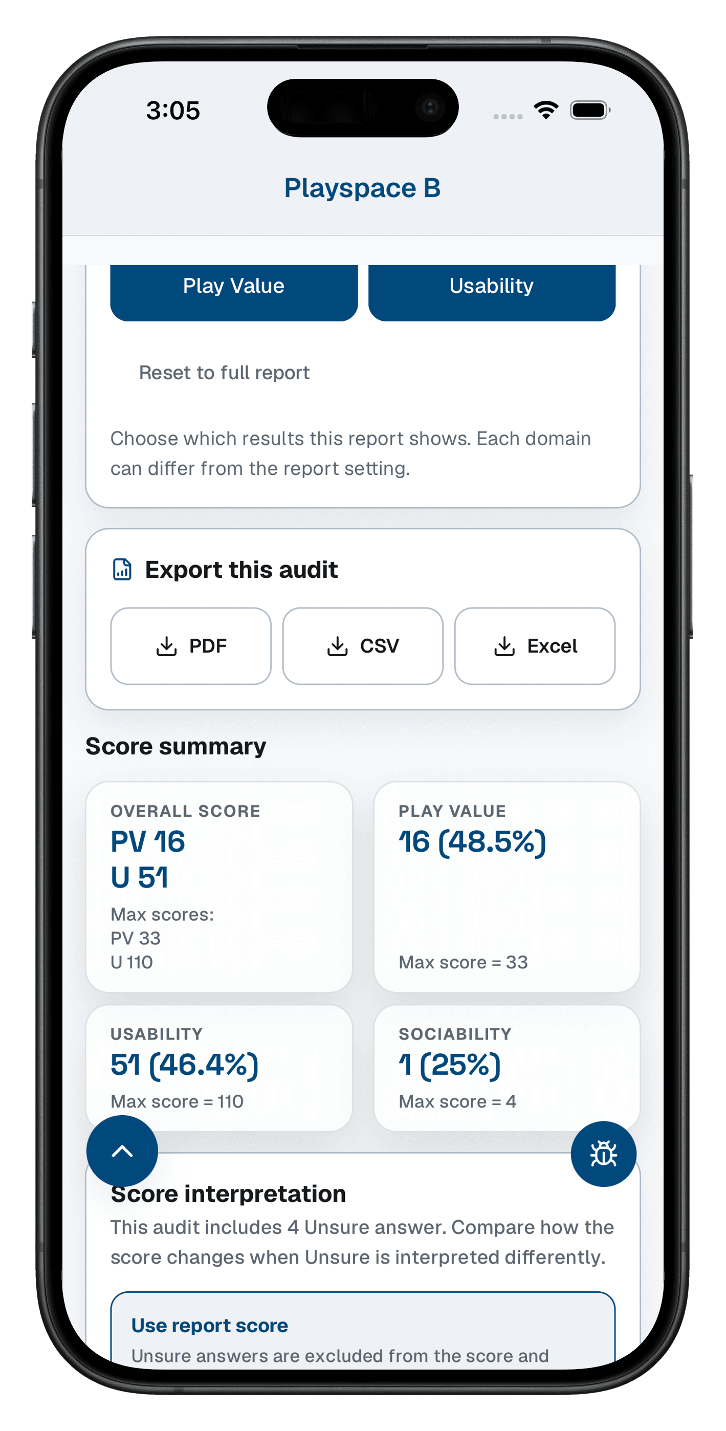 COPA field app on a phone showing a completed audit score summary with Play Value and Usability results