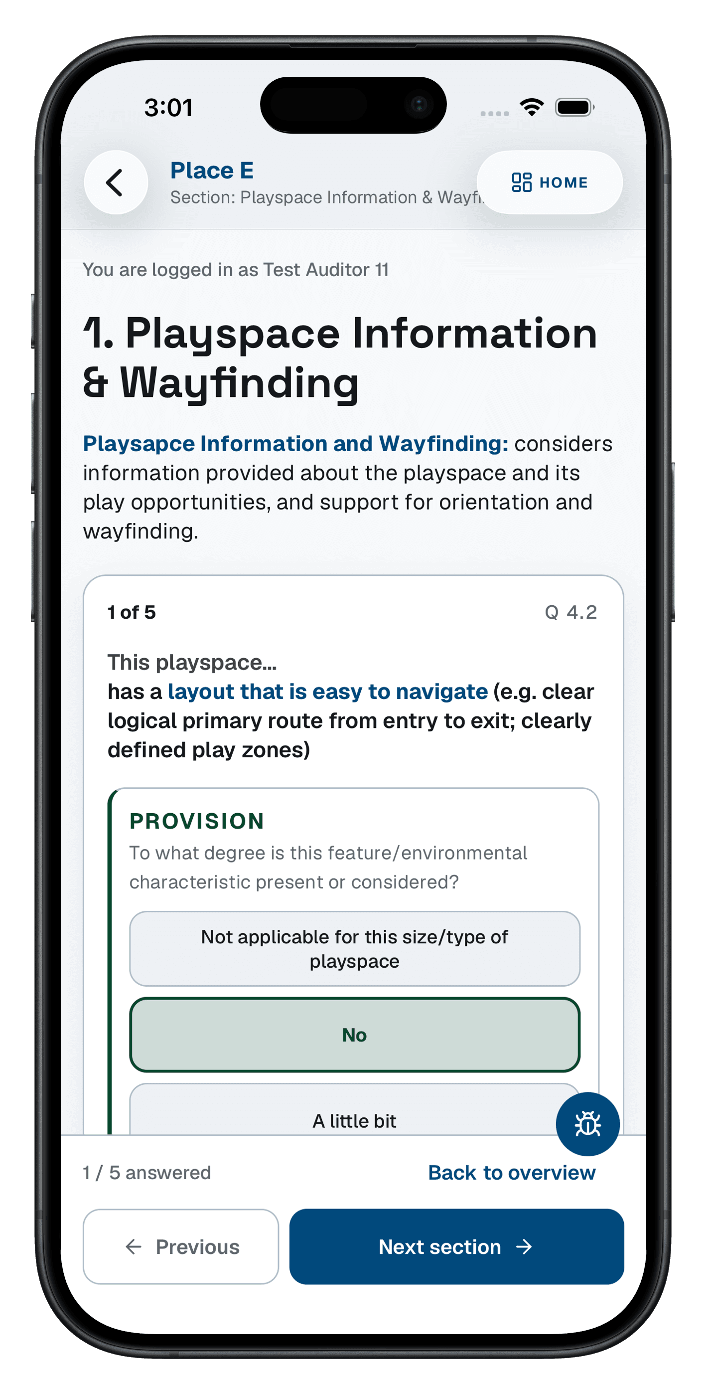 COPA field app on a phone showing an auditor working through the Natural Features section of a playspace audit with guided questions