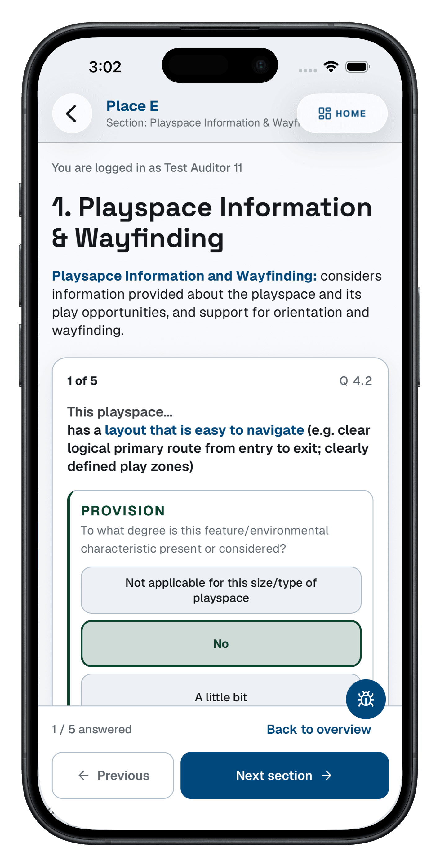 COPA field app on a phone showing a notes capture screen where the auditor has recorded observations about a specific playspace section